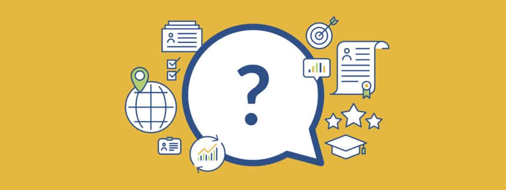 A large speech bubble with a question mark in the center, surrounded by icons including a globe, documents, a graduation cap, a target, graphs, stars, and checklists, all on a yellow background.