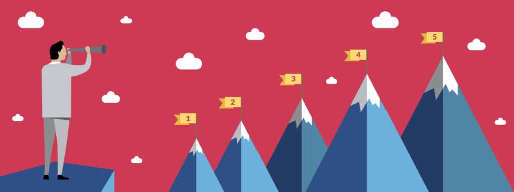 A person stands on a peak looking through a telescope at a range of mountains, each with numbered flags from 1 to 5 at their summits, representing progress or goal achievement. The sky is red with scattered clouds.