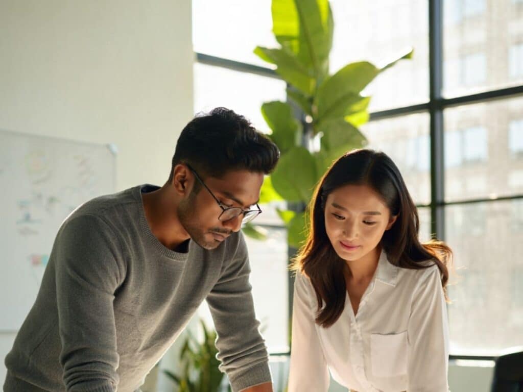 Two people, a man in glasses and a woman in a white blouse, are standing together looking down at a table in a bright IT Staffing Agency office with large windows and a green plant in the background.