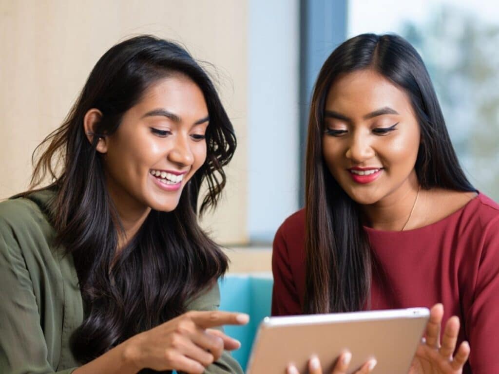 Two young women sit together, smiling and looking at a tablet screen. One points at the tablet while the other watches, both engaged and happy—perhaps exploring IT and Finance jobs in Toronto. The setting is indoors with a blurred background.